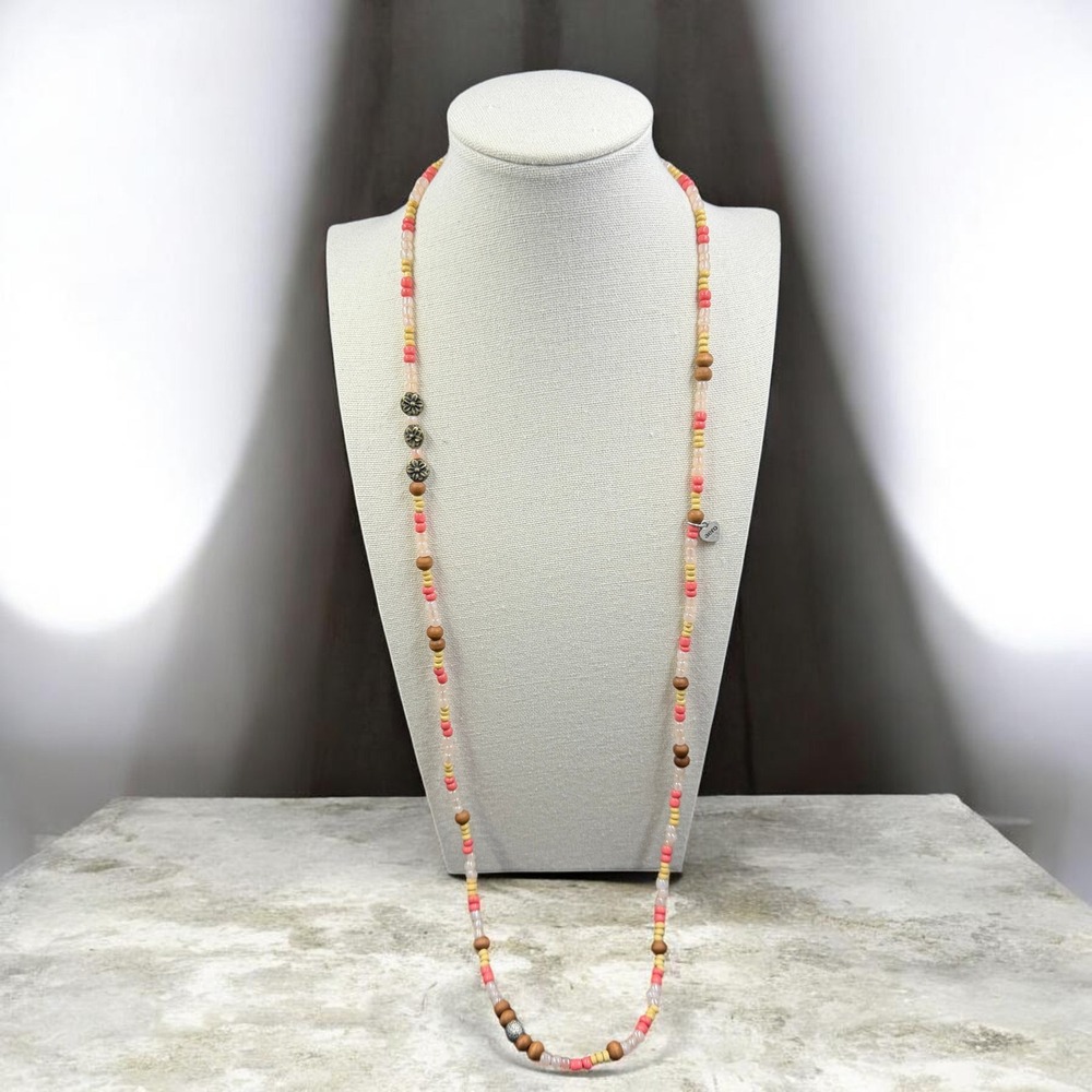 Aeropostale Beaded Long Necklace Pink Yellow Wood Boho Cottagecore Festival 34"